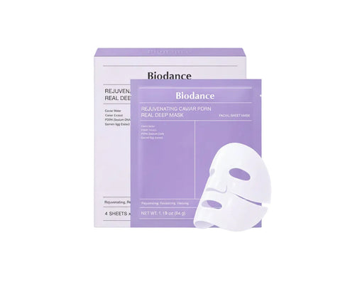 Biodance Rejuvenating Caviar PDRN Real Deep Facial Sheet Mask packaging shown in front of the product box, with a white contoured sheet mask displayed in front on a clean white background.
