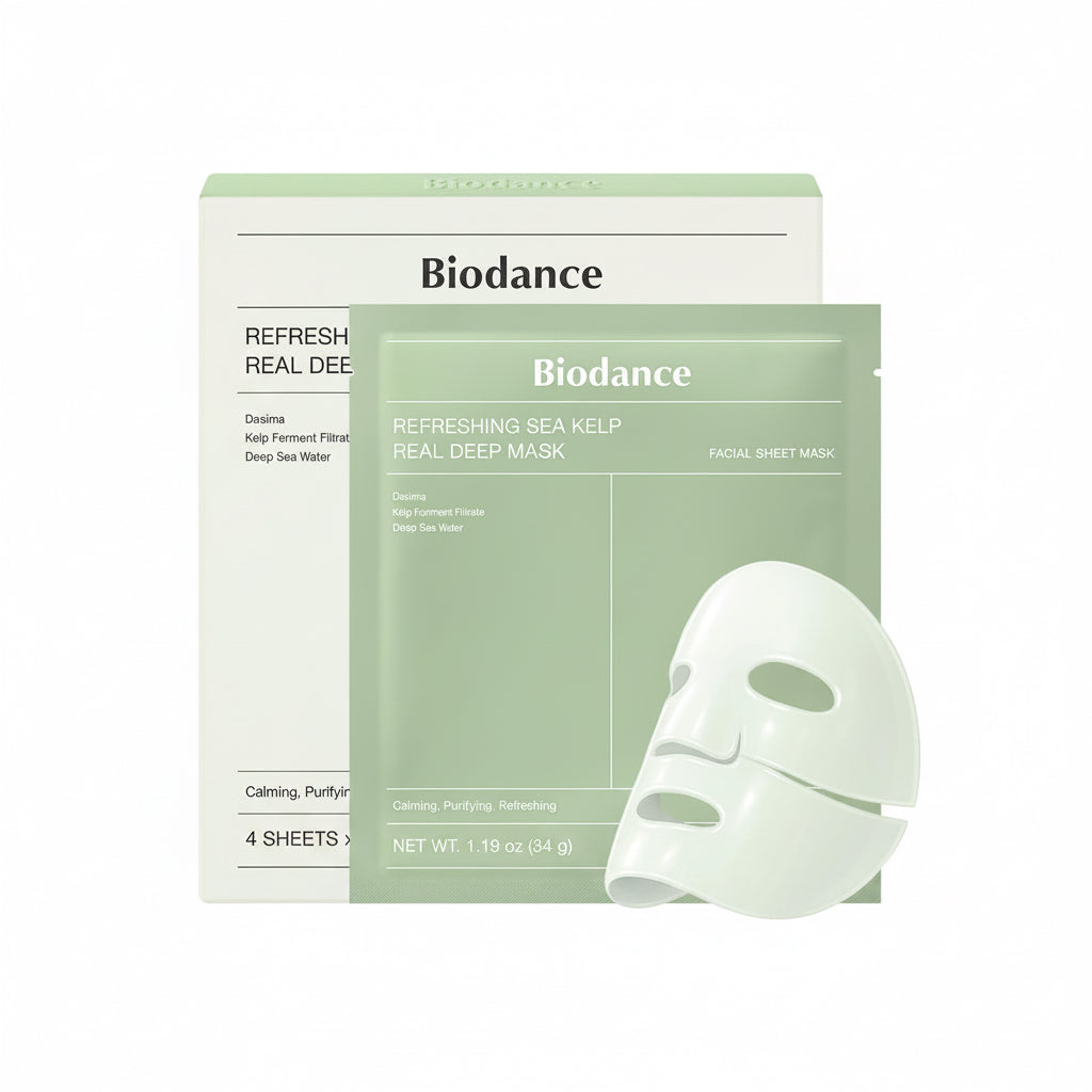 Biodance Refreshing Sea Kelp Real Deep Mask packaging with a white mask on a light green background