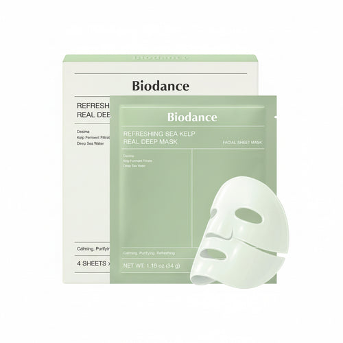 Biodance Refreshing Sea Kelp Real Deep Mask packaging with a white mask on a light green background