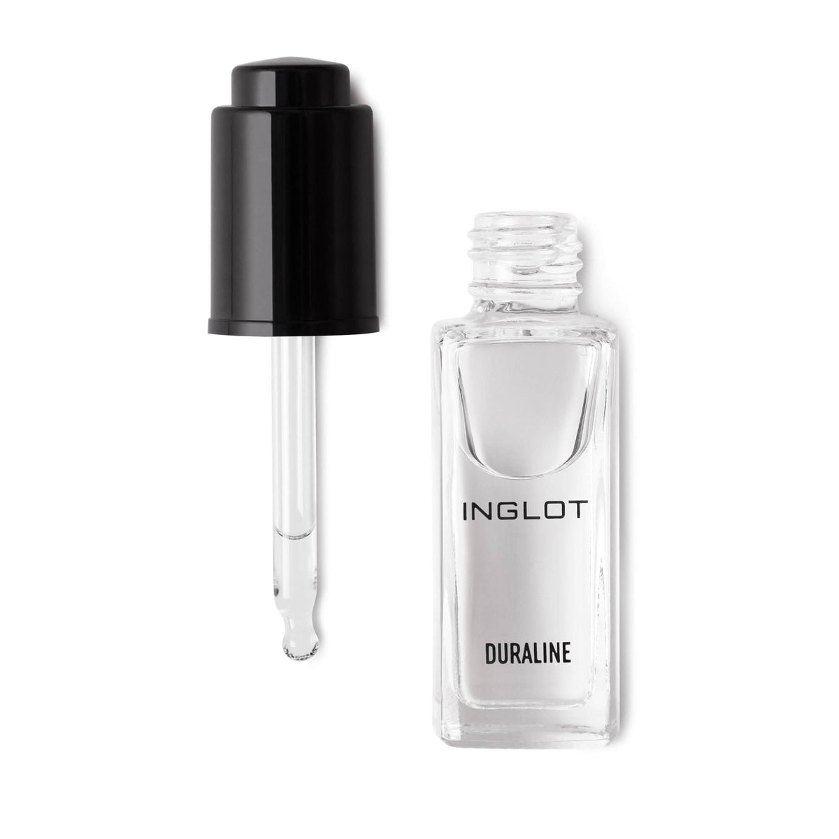 A clear glass dropper bottle labeled 'INGLOT DURALINE' next to its detached black cap and glass pipette, set against a solid white background.