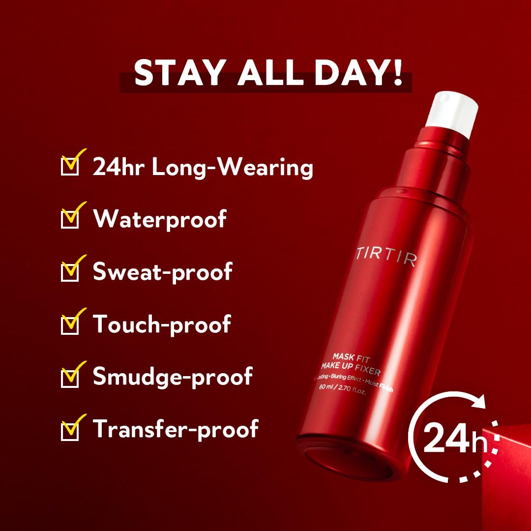 Red makeup fixer bottle with features listed on a red background