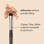 Makeup brush with copper tube and text on adhesion and material comparison.