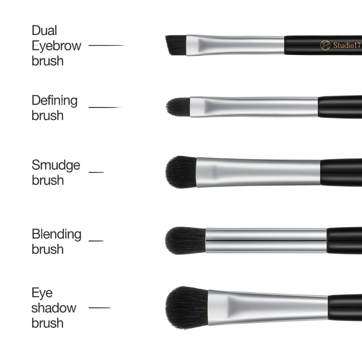 Set of makeup brushes with labels on a white background