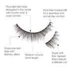 Eyelash extension product shown on a light gray marble-style background with callout text describing the rounded lash style, knot-free Invisiband technology, crisscross lash style, medium volume short length, and soft tapered fibers.