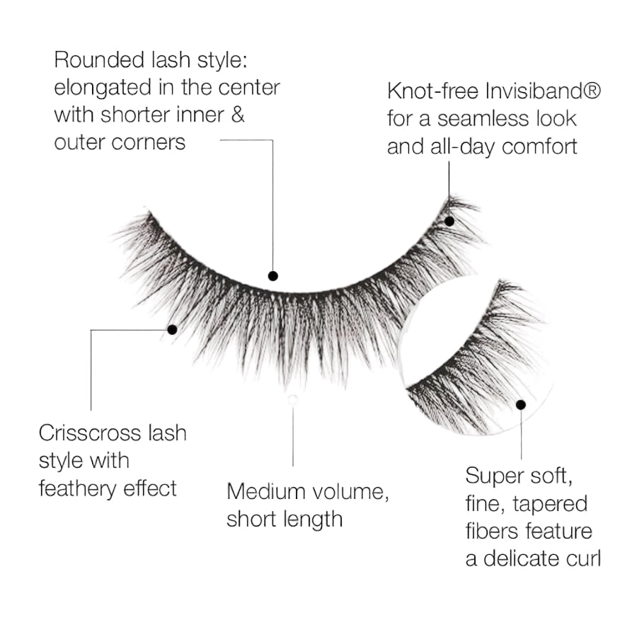 Eyelash extension product shown on a light gray marble-style background with callout text describing the rounded lash style, knot-free Invisiband technology, crisscross lash style, medium volume short length, and soft tapered fibers.