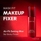 Red bottle of TIRTIR Mask Fit Makeup Fixer on a red background with text.