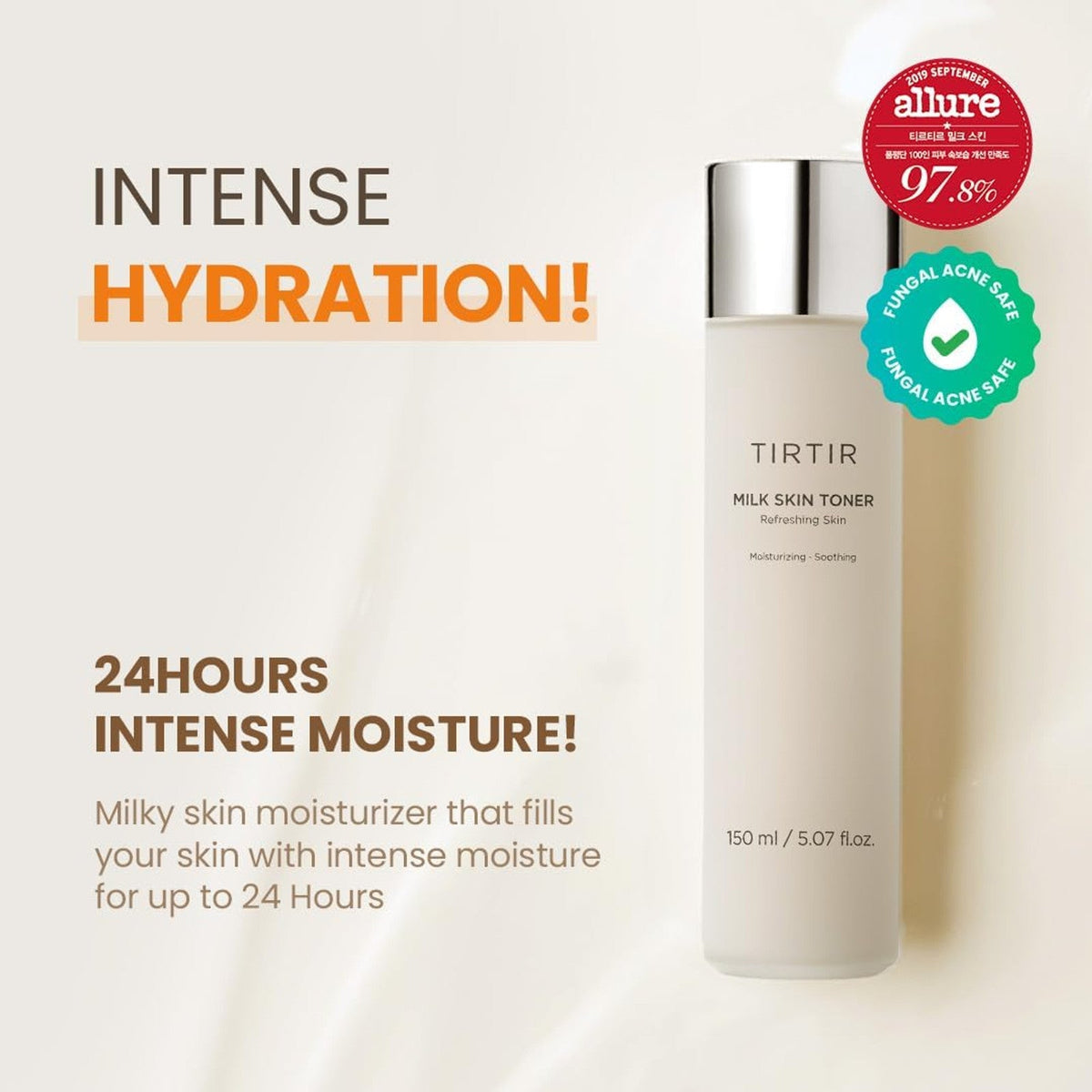 TIRTIR milk skin toner bottle with hydration and moisture text on a light background
