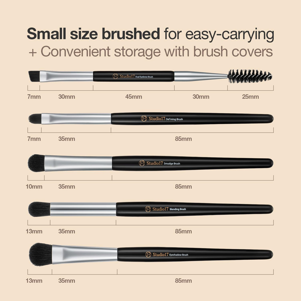 Set of makeup brushes with measurements on a beige background