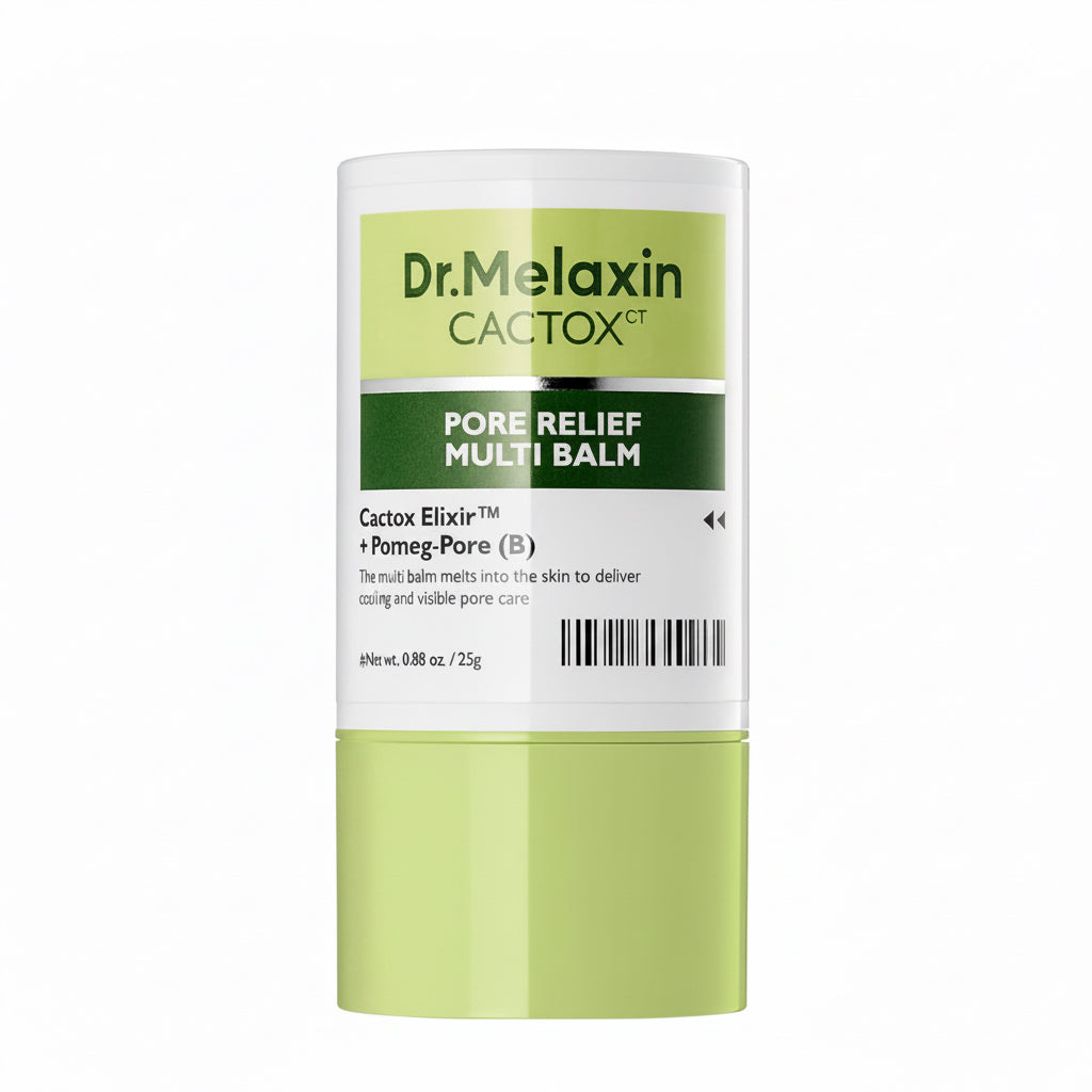 Dr. Melaxin Cactox Pore Relief Multi Balm with green and white packaging on a white background