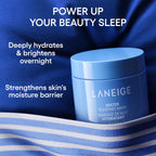 Laneige water sleeping mask jar with blue background and promotional text.