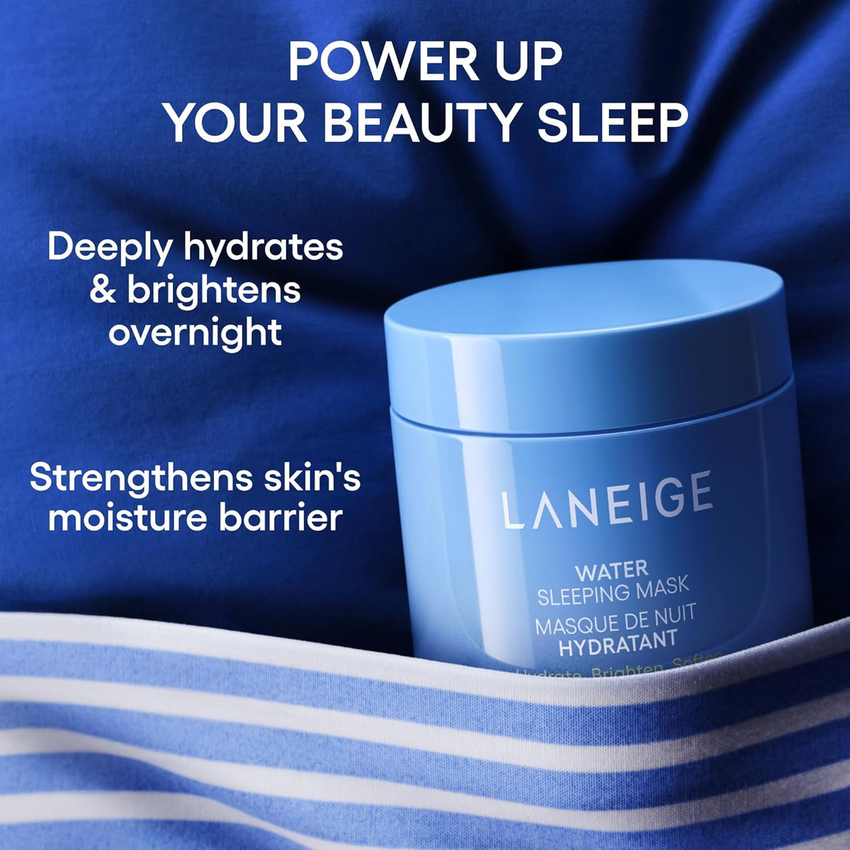 Laneige water sleeping mask jar with blue background and promotional text.