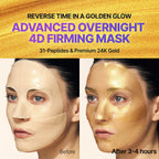 Advertisement for an advanced overnight 4D firming mask with before and after effects on a woman's face.