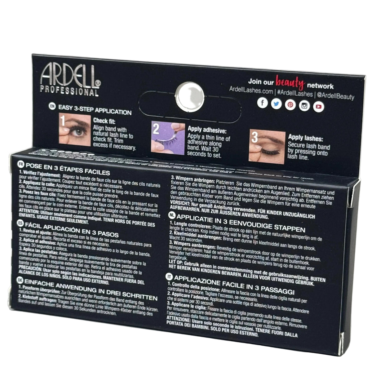 Ardell lash application instructions on a packaging box with a gray background