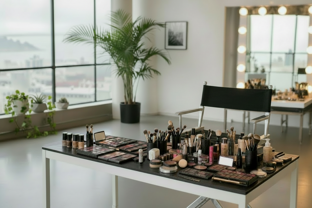 A styled makeup vanity setup with a black table covered in cosmetics, brushes, and makeup palettes, set in a bright modern room with large windows, a potted palm, and a vanity mirror with lights in the background.