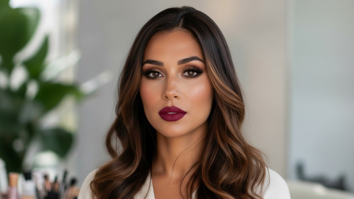 A close-up portrait of a woman with long, wavy brown hair, wearing a white top and showcasing a deep burgundy lipstick. The background is a softly blurred indoor setting with a green plant on the left.