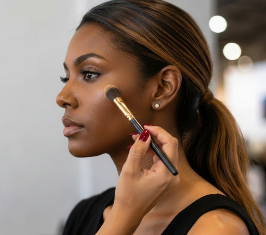 A close-up side profile of a woman with brown hair in a ponytail applying makeup with a brush to her cheek. She is wearing a black top and a small stud earring, with a softly blurred indoor background.