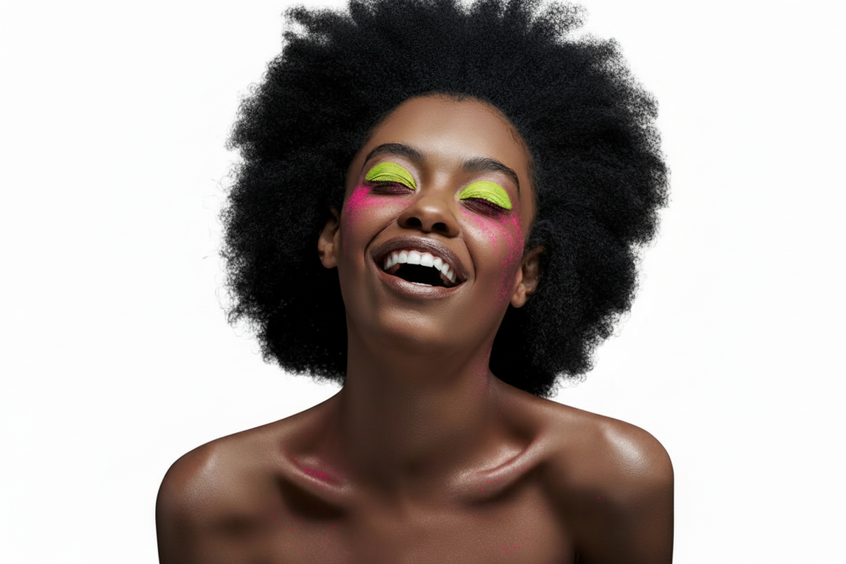 A smiling woman with an afro hairstyle, wearing vibrant neon yellow and pink eyeshadow, shown from the chest up against a plain white background.