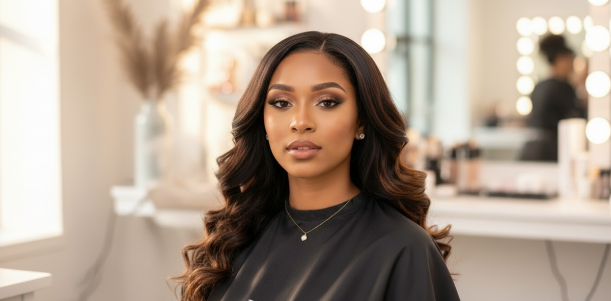 A woman with long, wavy, dark brown hair is shown from the chest up, wearing a black salon cape in a brightly lit, modern beauty salon with vanity lights in the background.