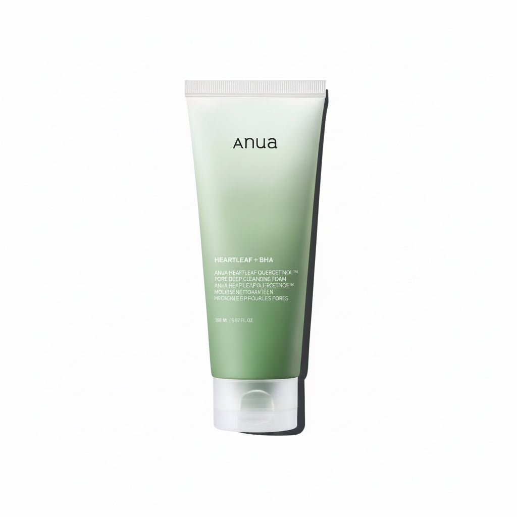 Anua Heartleaf + BHA pore deep cleansing foam in a light green squeeze tube with a clear cap, shown on a white background with a soft shadow.