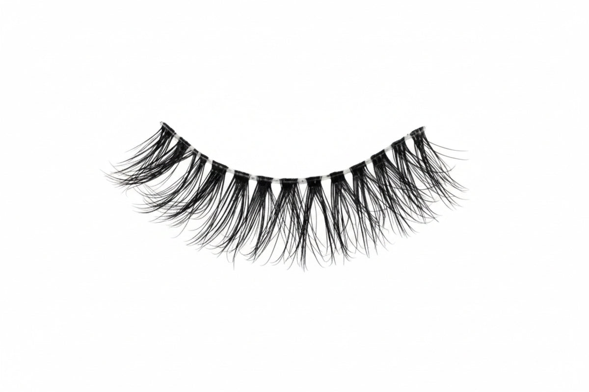 Pair of false eyelashes on a white tray with '817' printed on it against a black background.