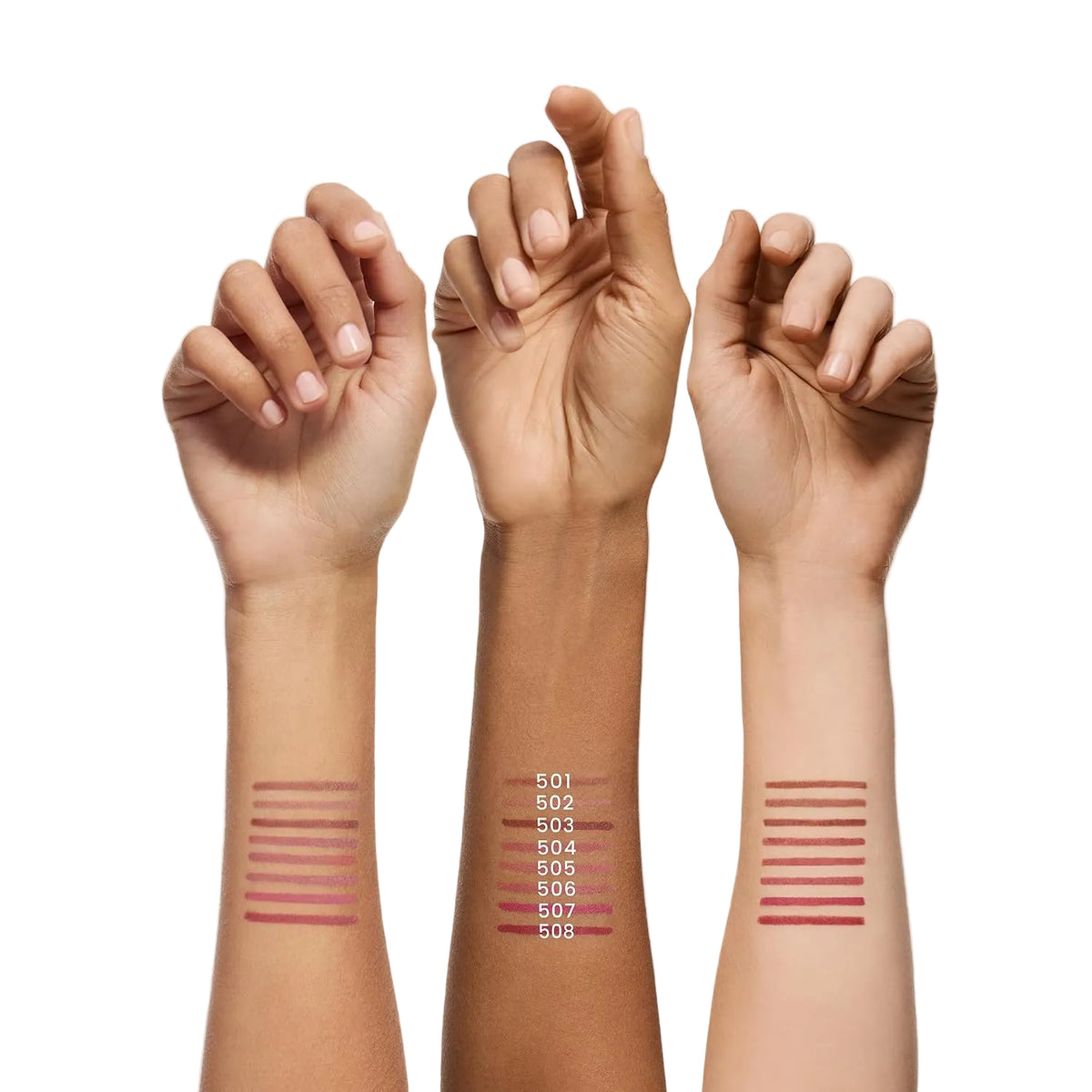 Three hands with different skin tones displaying lipstick swatches on a light gray background