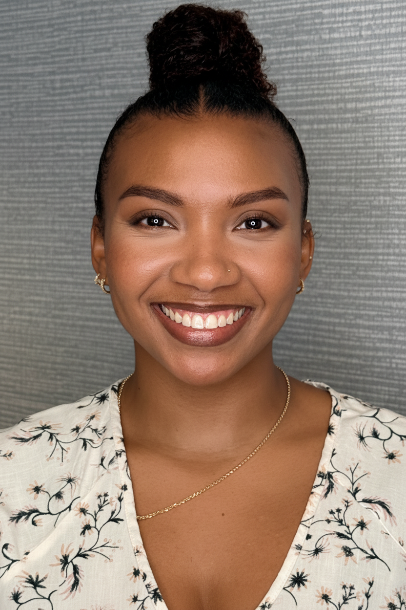 A smiling woman with her hair in a high bun, wearing a white floral top and a delicate gold chain necklace, photographed against a textured gray background.