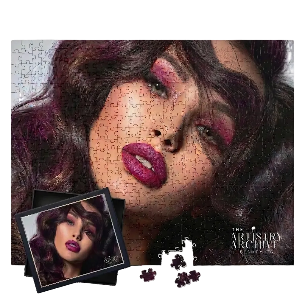 A completed jigsaw puzzle featuring a close-up portrait of a woman with dark wavy hair, pink-purple eyeshadow, and magenta lips, shown on a white background with a few loose puzzle pieces and two small framed preview photos. Visible text on the lower right reads 'THE ARTS AND ARCHIVES BEAUTY'.