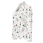 A white long-sleeve button-up shirt with a festive Christmas and holiday-themed print featuring red lipstick tubes, candy canes, green holly leaves, red bows, and small red stars.
