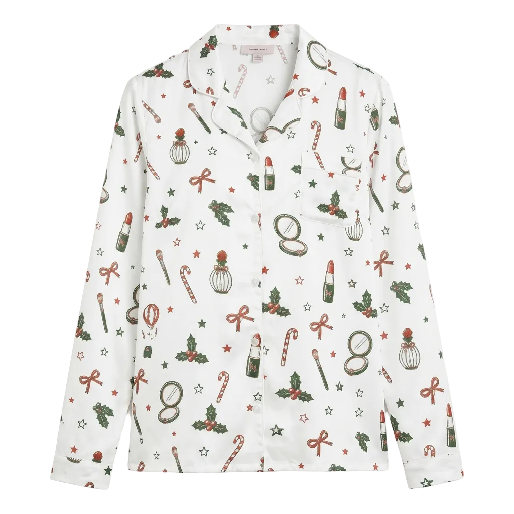 A long-sleeve button-up pajama shirt with a white base and a festive Christmas-themed print featuring red bows, green holly, candy canes, and red lipstick tubes, shown against a plain light gray background.