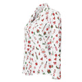 A white long-sleeve collared shirt with a festive Christmas-themed print featuring red lipsticks, green candy canes, red bows, and gift boxes, shown on a plain white background.