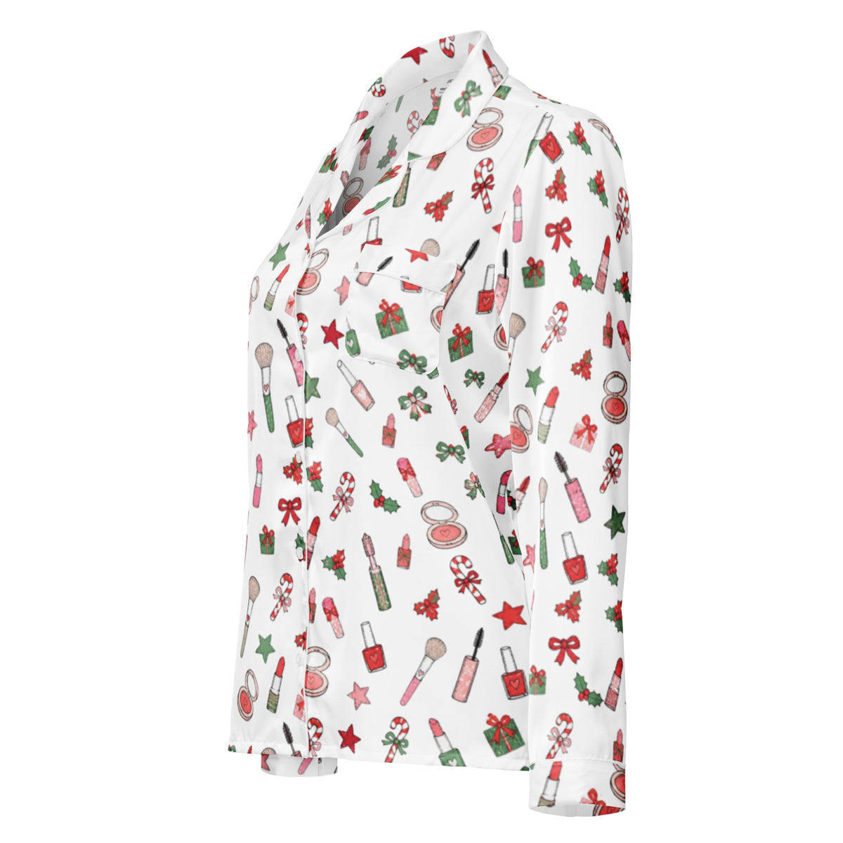 A white long-sleeve collared shirt with a festive Christmas-themed print featuring red lipsticks, green candy canes, red bows, and gift boxes, shown on a plain white background.
