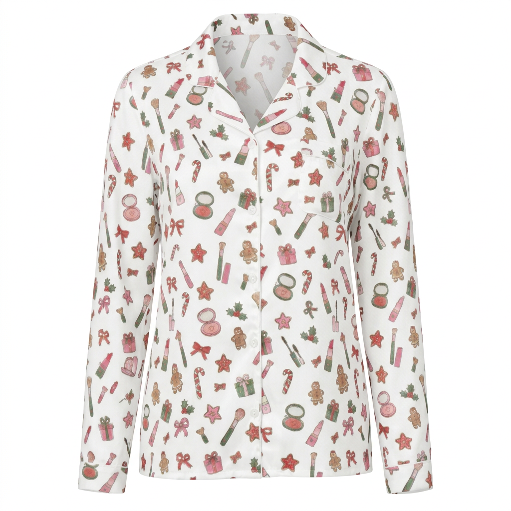 A long-sleeve collared button-up shirt with a festive Christmas print featuring candy canes, gingerbread men, presents, and stars on a white background.