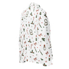 A white long-sleeve button-up shirt with a festive Christmas print featuring red bows, green holly, candy canes, and green pinecones, shown on a clean white background.