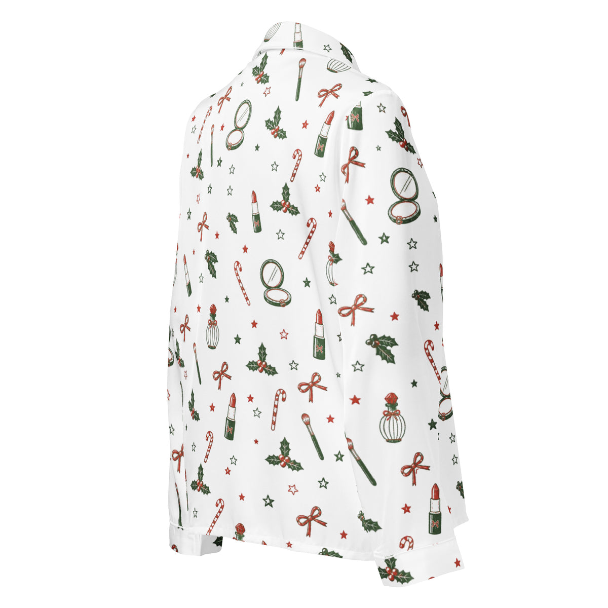 A white long-sleeve button-up shirt with a festive Christmas print featuring red bows, green holly, candy canes, and green pinecones, shown on a clean white background.