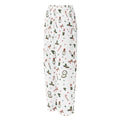 White wide-leg lounge pants featuring a festive Christmas print with candy canes, holly, ornaments, and red bows.