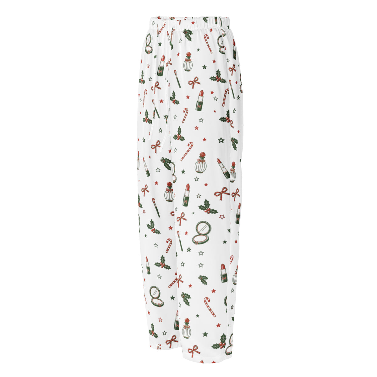 White wide-leg lounge pants featuring a festive Christmas print with candy canes, holly, ornaments, and red bows.