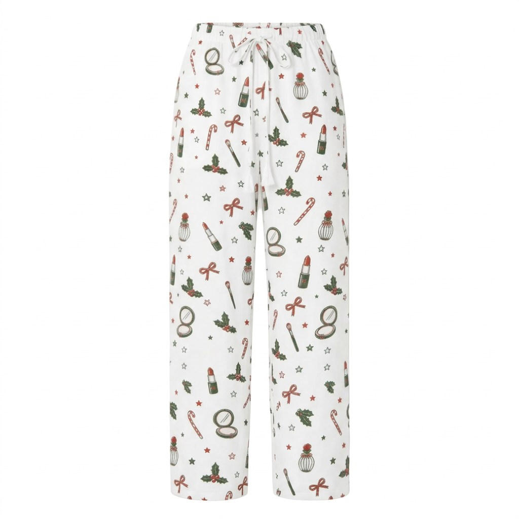 White drawstring lounge pants with an all-over Christmas-themed print featuring red bows, green holly, candy canes, and red lipstick tubes.