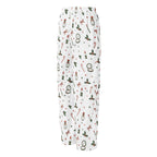 White lounge pants with an all-over Christmas-themed print featuring red and green candy canes, holly, bows, and gift boxes, shown against a plain white background.