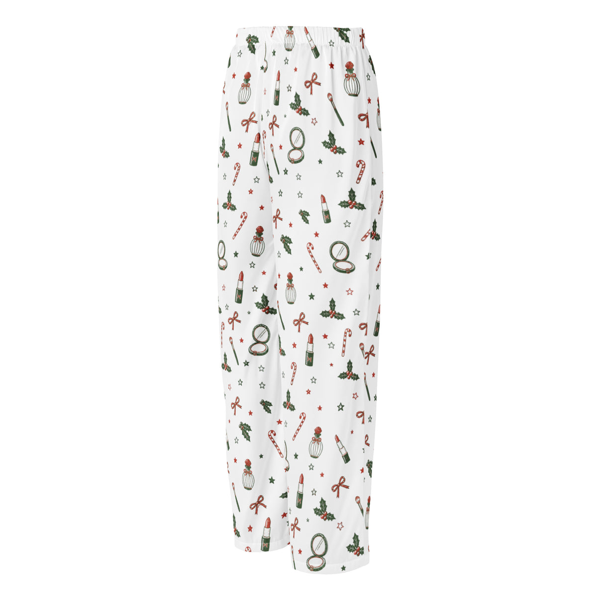 White lounge pants with an all-over Christmas-themed print featuring red and green candy canes, holly, bows, and gift boxes, shown against a plain white background.