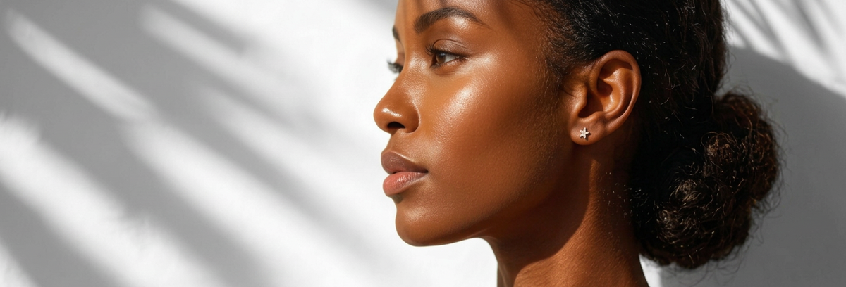 A close-up side profile of a woman with dark hair in a bun, wearing a small stud earring, set against a white wall with soft palm leaf shadows.