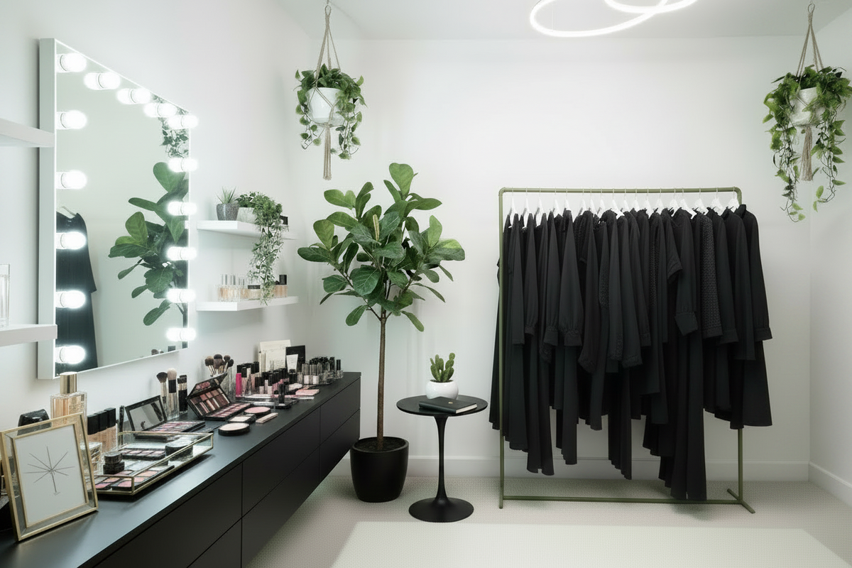 A styled interior room with a black clothing rack holding neutral-toned garments, a vanity table with perfume bottles and a large lighted mirror, hanging plants, and a potted fiddle-leaf fig in a bright minimalist space.