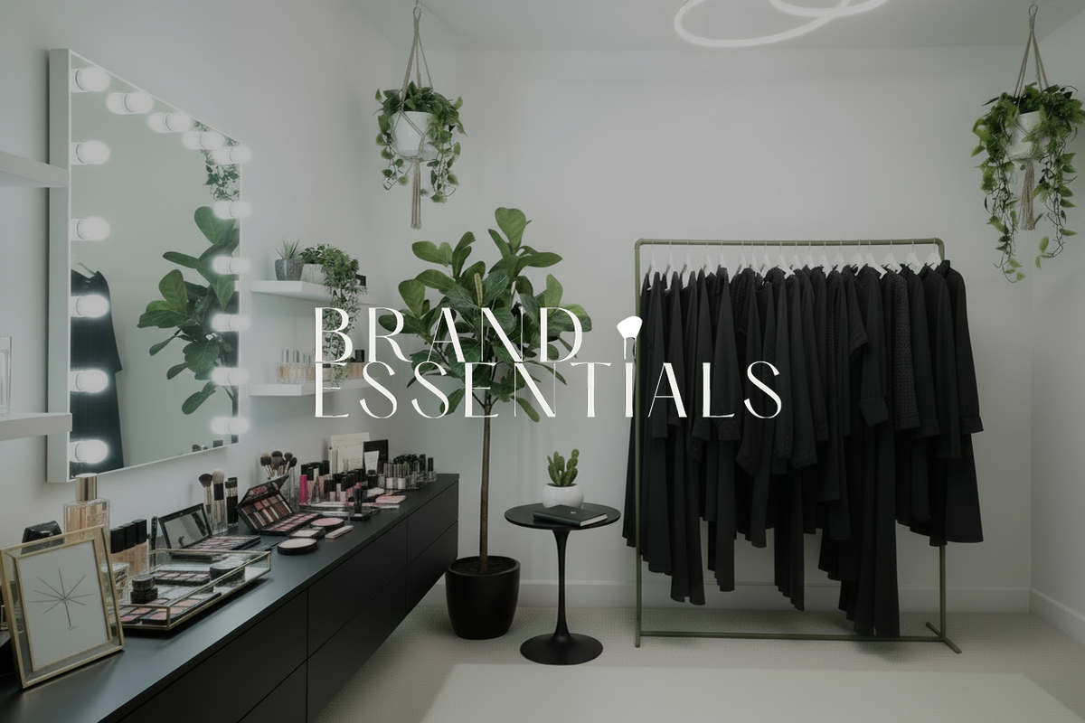 A styled interior room with a large vanity mirror, makeup counter, hanging plants, and a clothing rack filled with black garments. Large overlaid text reads 'BRAND ESSENTIALS'.