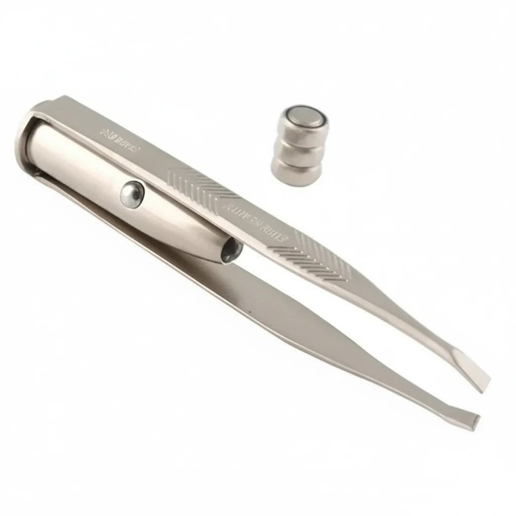 Metallic tweezers with a cylindrical component on a white background