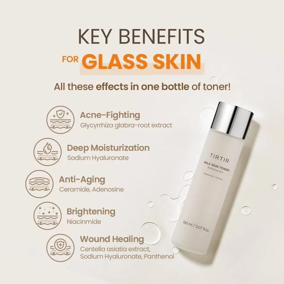 Toner bottle with key benefits for glass skin on a beige background