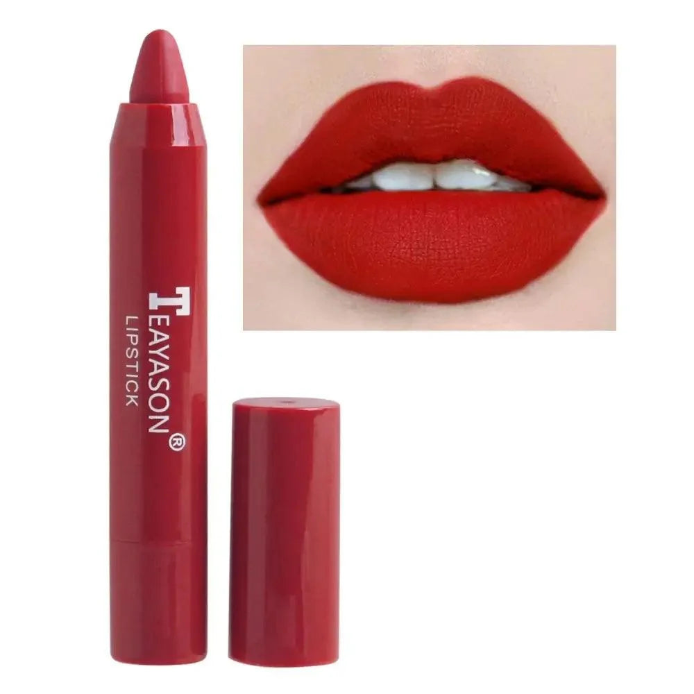 Red lipstick with 'Teavison' branding and a close-up of lips wearing the color.