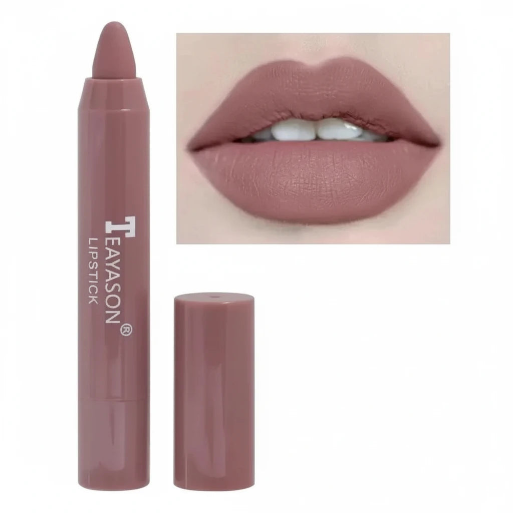 Tevason lipstick with a close-up of lips wearing the shade on a white background