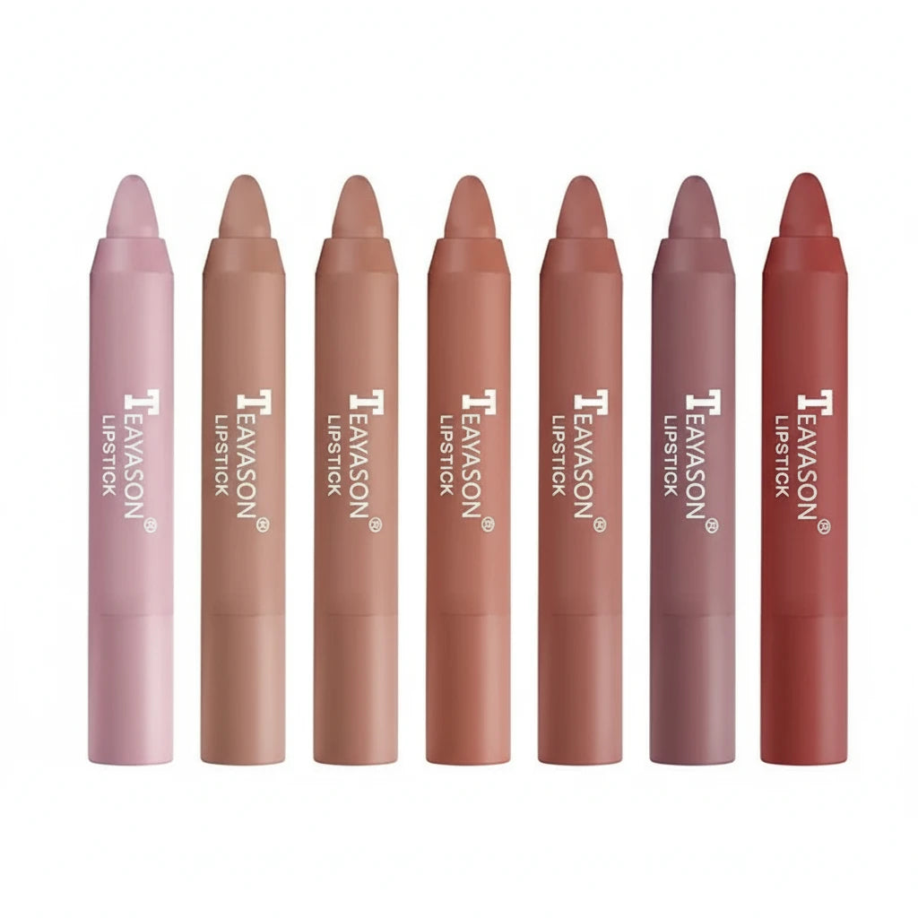 Tayason lipstick shades displayed with lips and lipsticks in a row.
