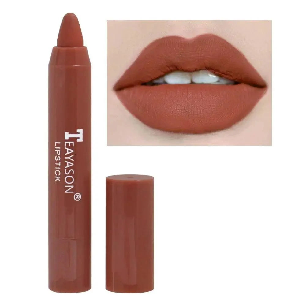 Brown lipstick with 'Tayason' branding and a close-up of lips wearing the color.