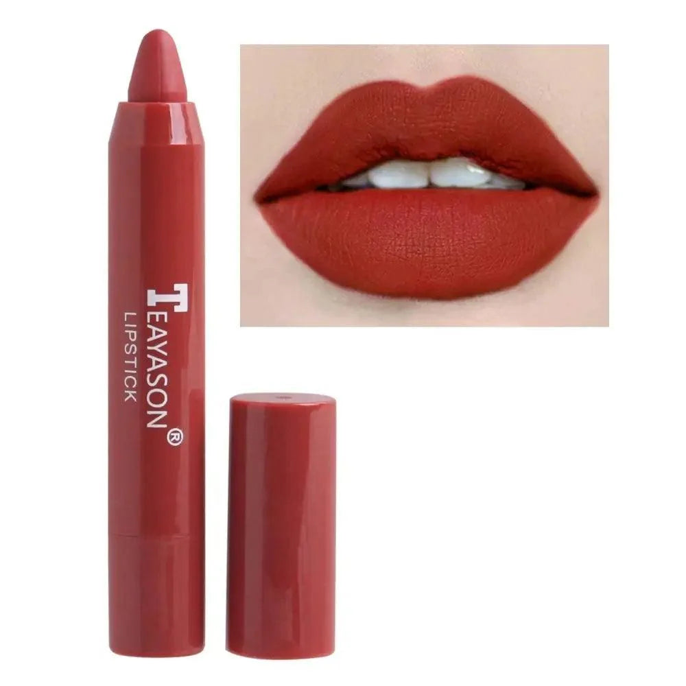 Red lipstick with 'Teavison' branding and a close-up of lips wearing the color.