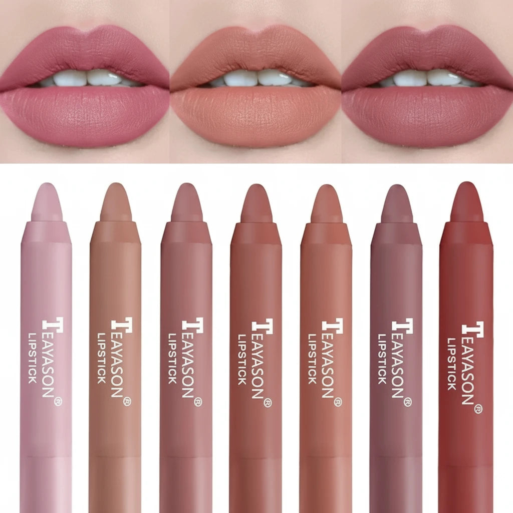 Tayason lipstick shades displayed with lips and lipsticks in a row.